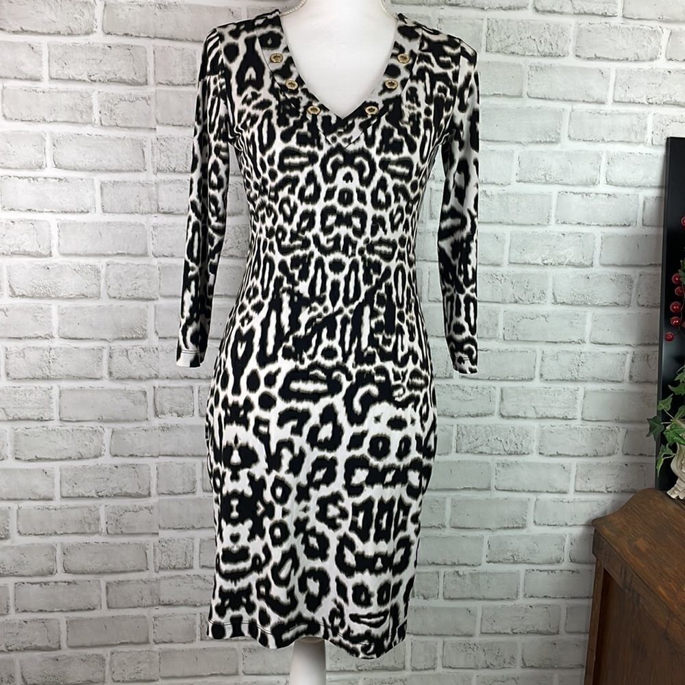 Size P Calvin Klein Cheetah Dress 3/4 Sleeve Gold Circles at Neckline Fall Dress - Picture 8 of 8